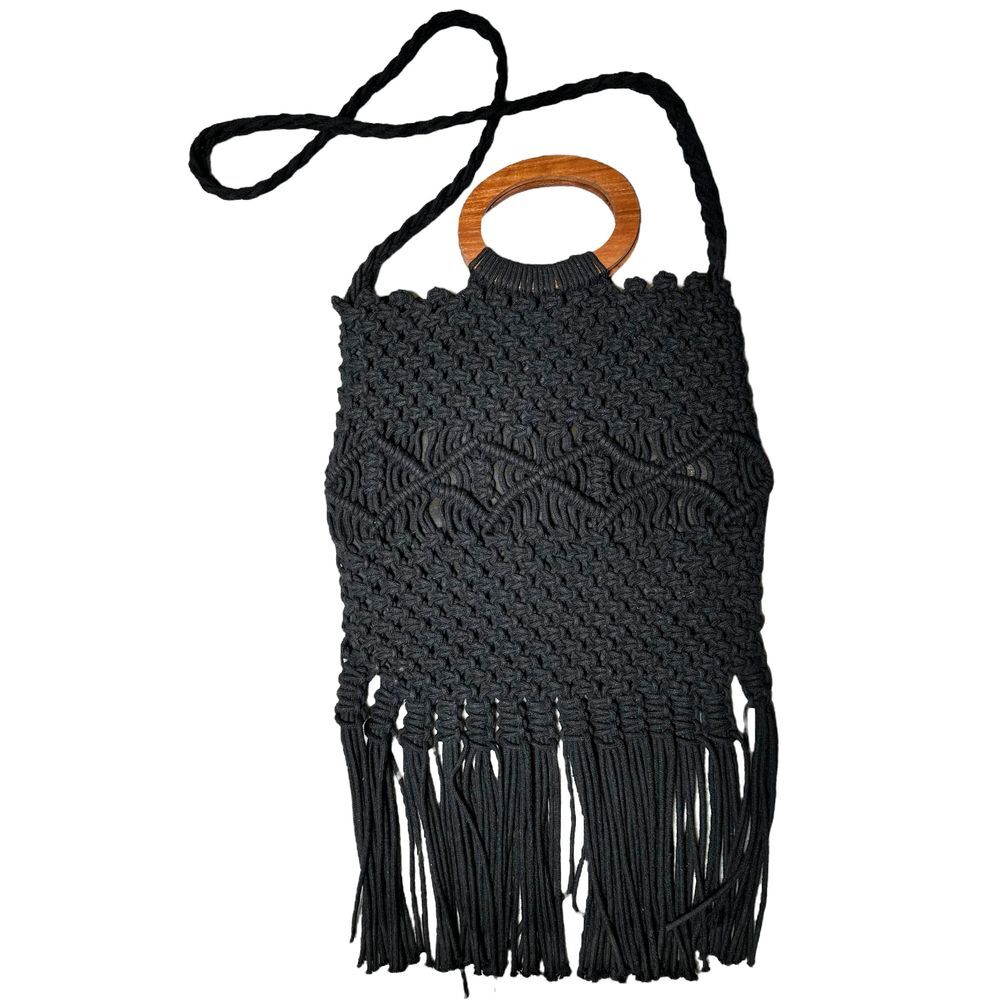 Danielle Nicole Boho Hippie Black Macrame Wooden Handle Crossbody‎ fringe Bag